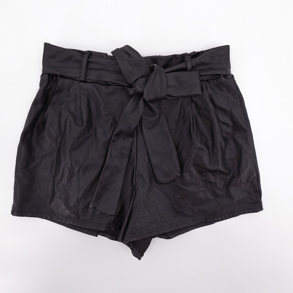 Agaci Shorts Women Small Black Faux Leather Belted Pull on Elastic Waist Pleated